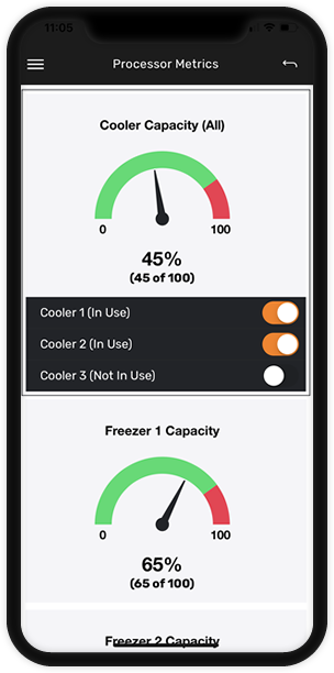 My Game Processor mobile phone screenshot showing cooler and freezer metrics