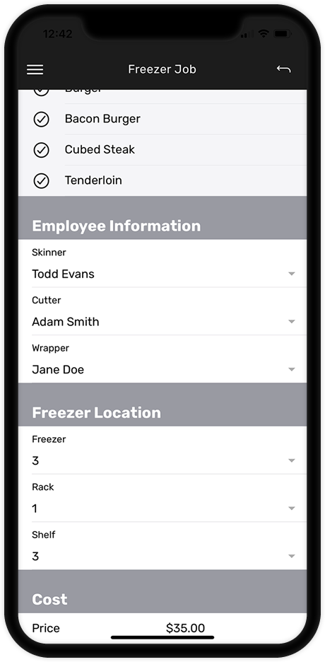 My Game Processor mobile phone screenshot showing the In the Freezer view which allows for quick and easy location of meat