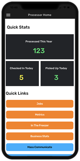 My Game Processor mobile phone screenshot showing the processors home page with Quick Stats present at the top