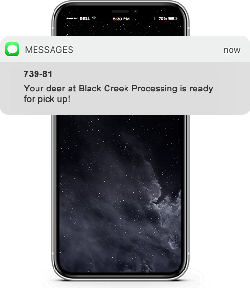 My Game Processor mobile phone screenshot showing SMS Text Messages that hunters receive when their meat is ready for pick-up